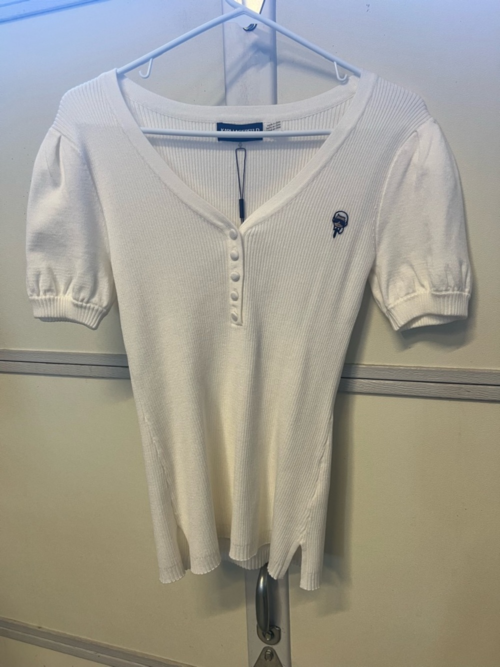 Karl Lagerfeld White Ribbed Short Sleeve Henley Top